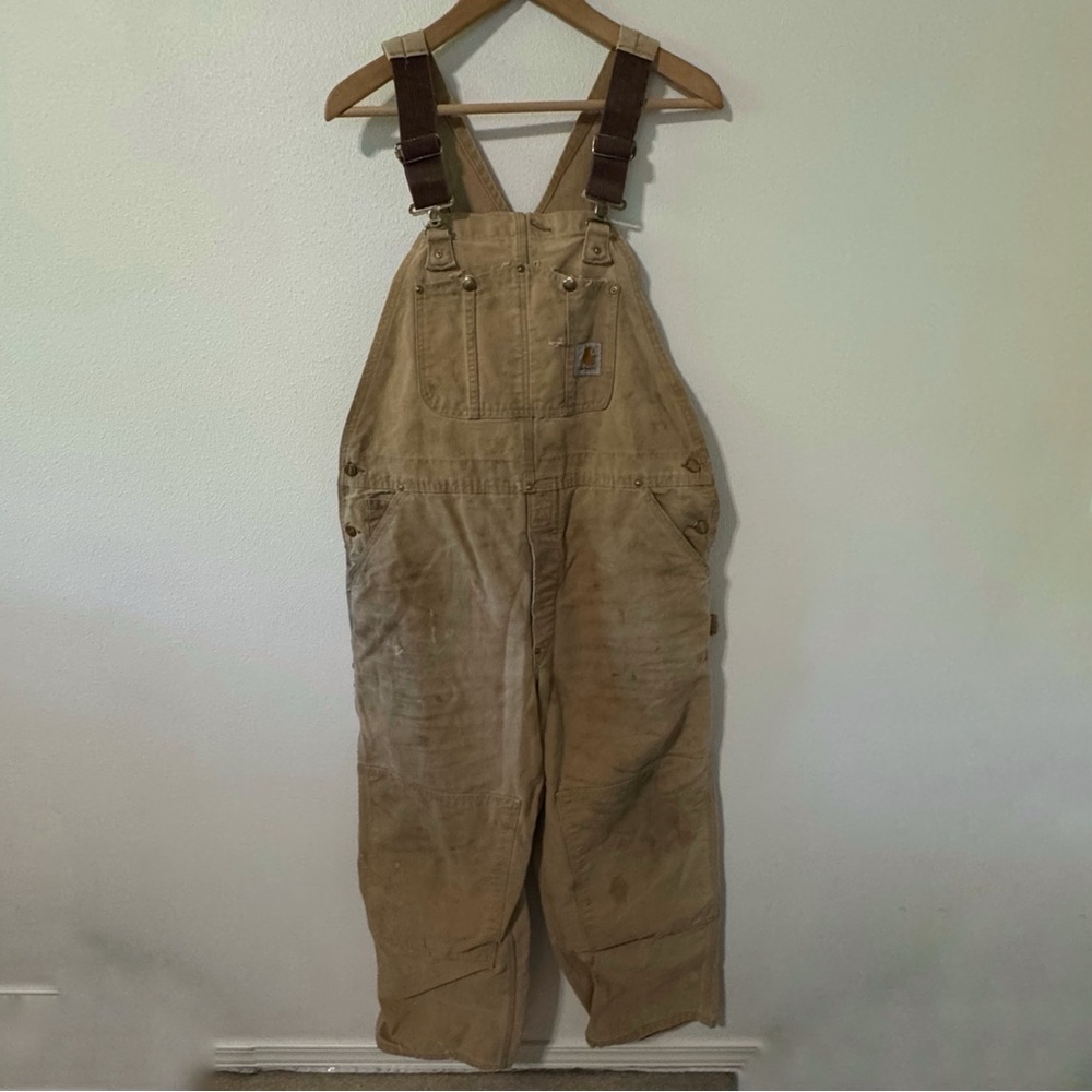 Vintage Carhartt Double Knee Duck Bib Overall Khaki Unlined Stained USA-40x30